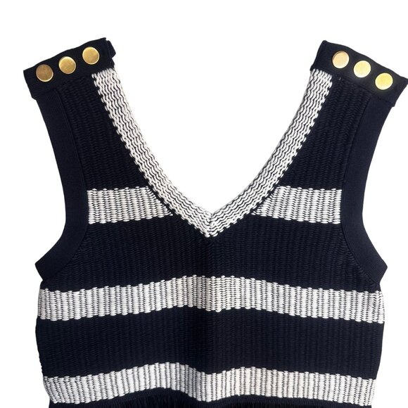 Club Monaco Navy & White Striped Knit Tank Top Fringe Sz XS Gold Buttons Trendy - Picture 4 of 14